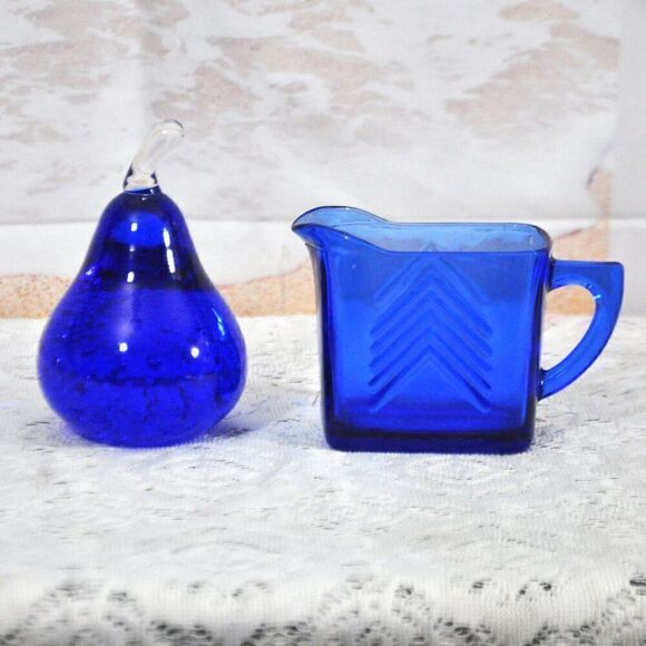 Cobalt Blue Art Glass Pear Paperweight & Hazel Atlas Cobalt Blue Chevron Creamer - Picture 1 of 5